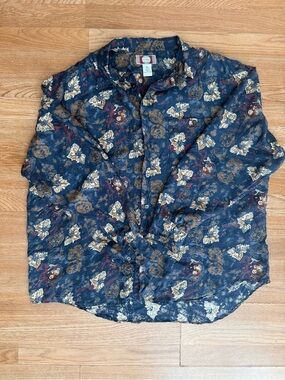 Vintage Silk Floral Parsley Button-Up Shirt Blue Size XL